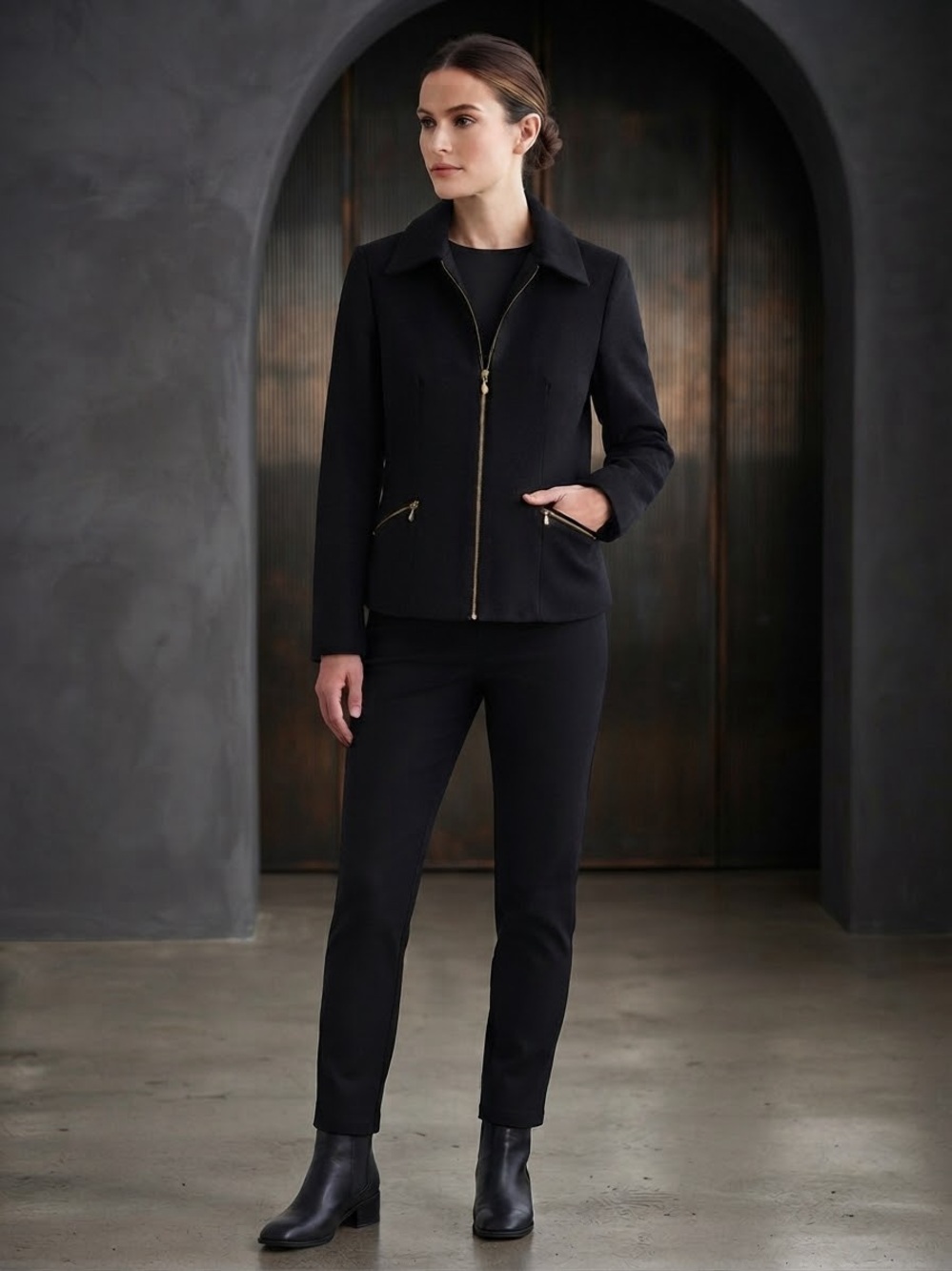 Women's Vintage Wool Dumas Black Zip-Front Bomber Jacket with Gold Accents